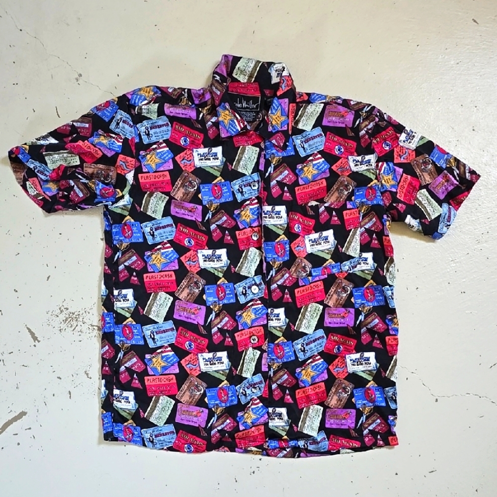 VTG Nicole Miller Silk Credit Card Novelty AOP Shirt Small